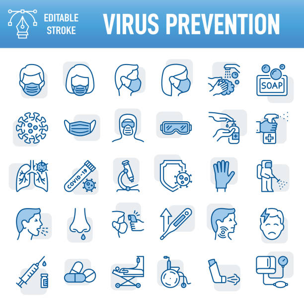 stockillustraties, clipart, cartoons en iconen met virus prevention - thin line vector icon set. pixel perfect. editable stroke. for mobile and web. the set contains icons: coronavirus, covid-19, protective face mask, healthcare and medicine, symptom, illness, pandemic - illness, medical exam, virus - beschermend masker werkkleding
