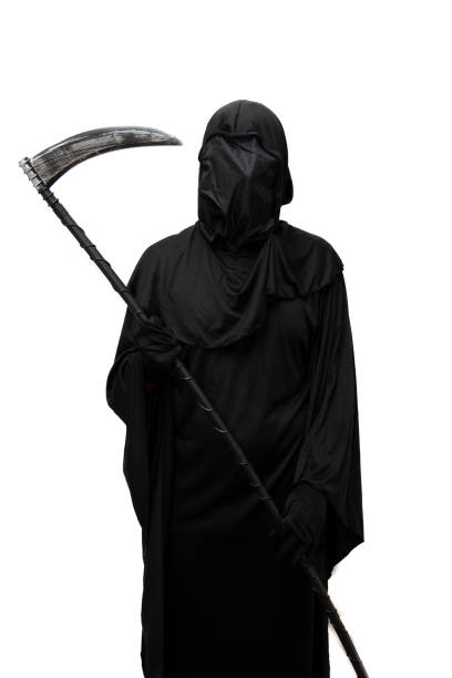 vertical grim reaper, dressed in a traditional Halloween costume with a dark cloak, firmly grips a scythe white background