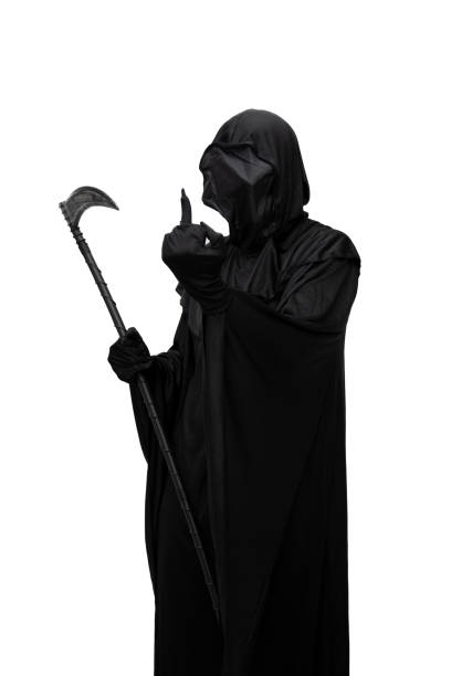 istock vertical Grim reaper in Halloween costume holding scythe making an obscene gesture white background 2168457955
