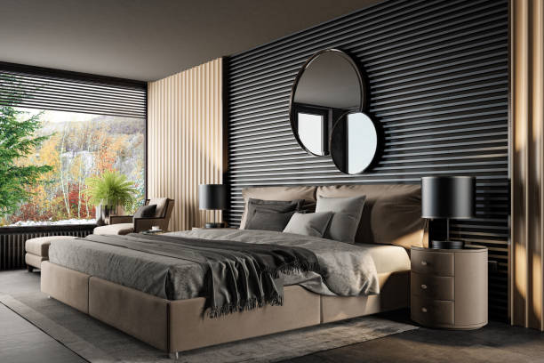 istock Black and Beige Luxury modern retro-style master bedroom 2168466533