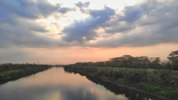 istock The big river surrounded with tree and bush during cloudy sunset 2168466853