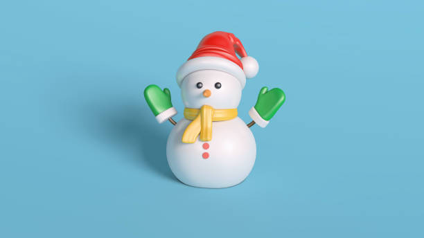 istock Cute Snowman with Santa Hat and Mittens on Blue Background 2168469171