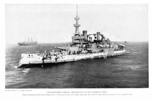 USS Oregon, Battleship in Santiago, Cuba. American fleet and troops defeated Spain and ended the war. Photograph taken July 4, 1898, engraving published 1898-99. Copyright expired; artwork is in Public Domain.