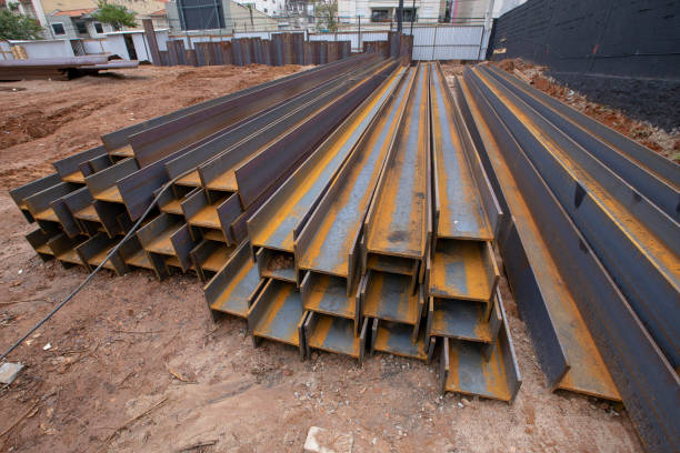 istock pile of metal stake at construction site. 2168478303