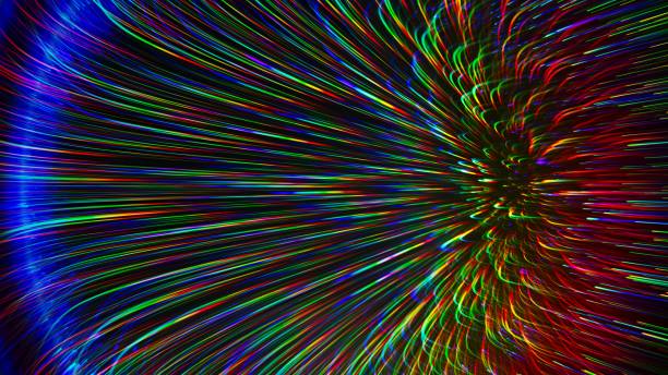 istock Abstract distortion refraction of rainbow rays with spectral gradient and glow effect through lens on black background. Transparent glare light dispersion effect of rainbows colorful beams. 3d render 2168481913