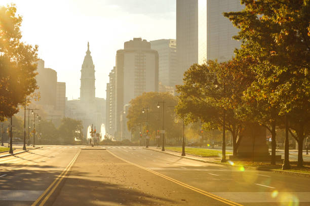 Autumn in Philadelphia city. Ben Franklin parkway, view of city hall