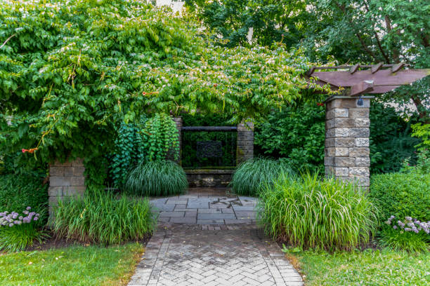 istock Stone pergola with waterfall and ornamental grasses backyard oasis landscape design 2168487244