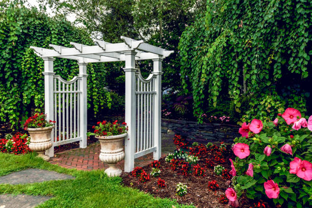 istock White pergola creates stunning accent for backyard landscape design 2168487261