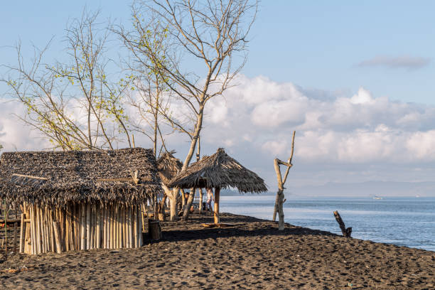 istock empty hut building with thatched roof on black sand beach 2168488903