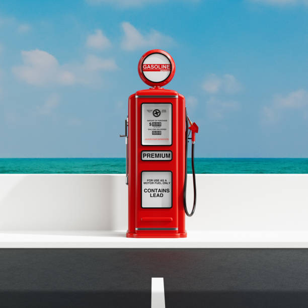 Red Retro Gas Pump in Front of Sea Blue Sky Background. 3d Rendering