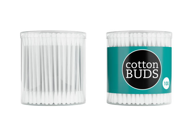 New Clean Cotton Ear Swabs in Cylinder Pack with Abstract Branding Label on a white background. 3d Rendering