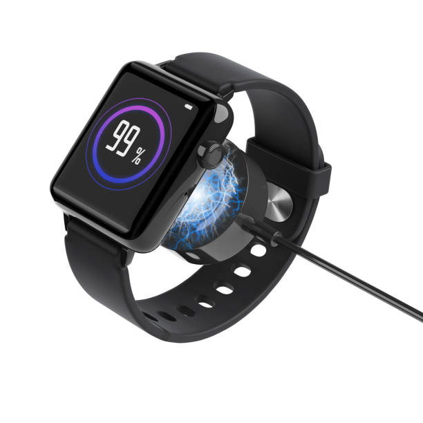 istock Black Abstract Modern Smart Watch Connected to Wireless Magnetic Charger Pad with USB Cable . 3d Rendering 2168491078