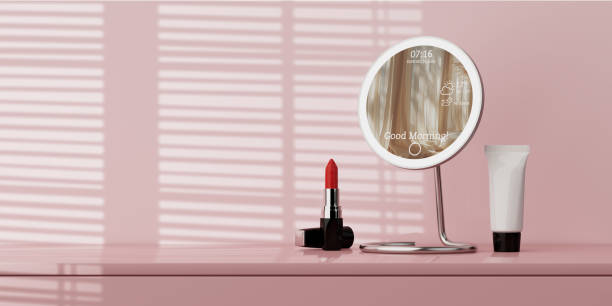 Modern Makeup Smart Digital Mirror with Backlight, Red Lipstick and White Cosmetic Tube. 3d Rendering
