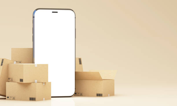 istock online shopping ,cardboard box or parcel box with carton box on smartphone screen or mobile phone for delivery concept, 3d render isolated on white background for advertising 2168491317