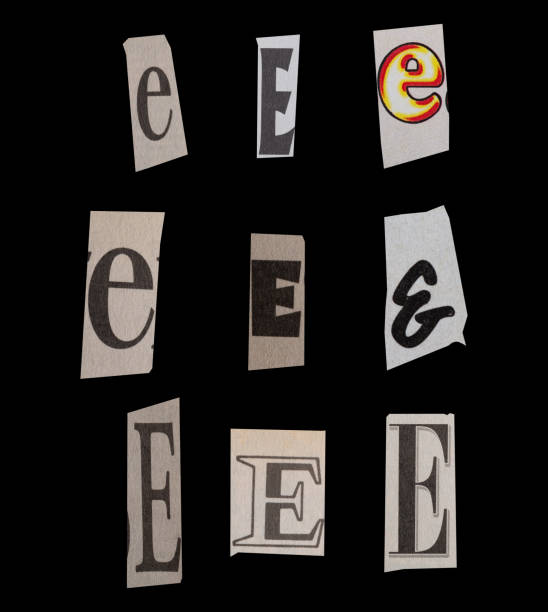 istock Ransom font type E from printout magazine cutout, collage element for graphic design, jpg isolated on black background 2168497532