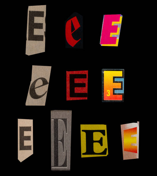 istock Ransom font type E from printout magazine cutout, collage element for graphic design, jpg isolated on black background 2168497534
