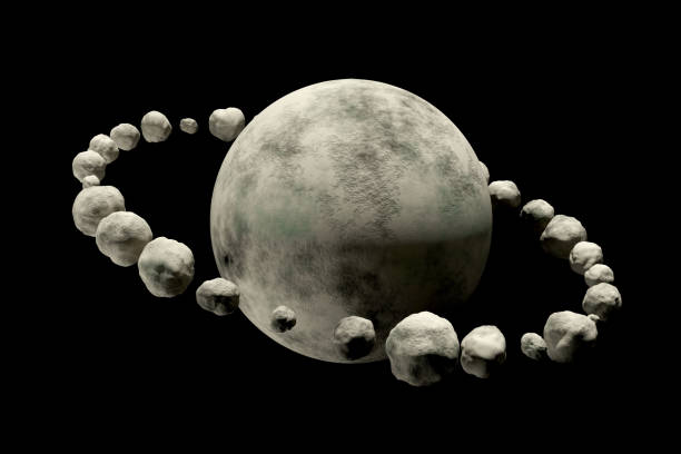 3d render abstract stone planet with glowing circle and satellite in deep space, black background