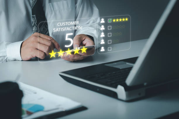 istock Users rate service experience 5-star rating, experience evaluation survey, feedback, business quality, service, best compliments Customer service evaluation concept 2168498376