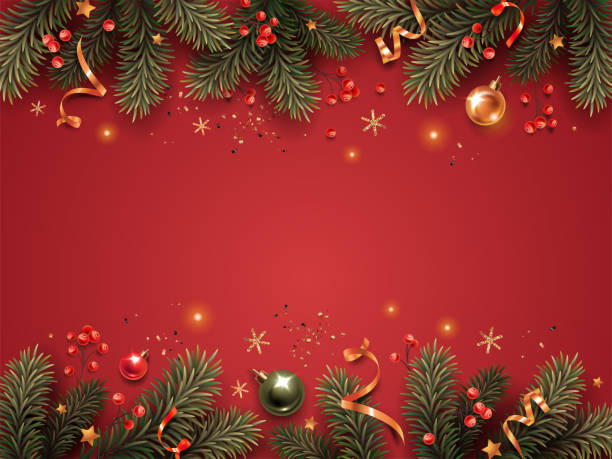 Horizontal banner with gold and green Christmas symbols and text. Christmas tree, balls, golden tinsel confetti and snowflakes on a red background. red frame stock illustrations