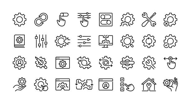 Settings line icon set. Group of object, adjustment, setup, development, update, control.