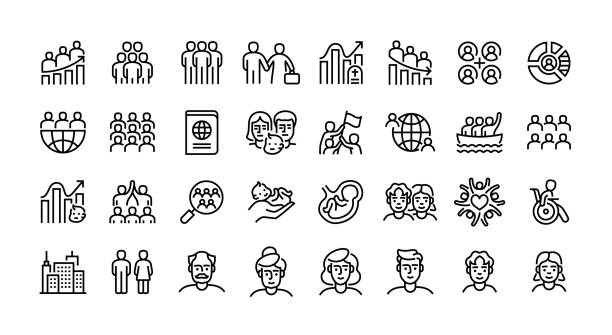 illustrazioni stock, clip art, cartoni animati e icone di tendenza di set di icone della linea della popolazione. gruppo di persone, demografia, famiglia, cittadinanza, nazionalità, censimento, comunità. - dipendente immagine