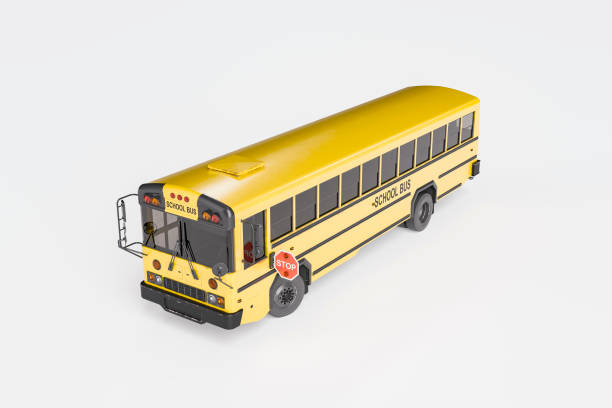 Classic yellow school bus is parked on a white background, memories of childhood and education. 3d rendering