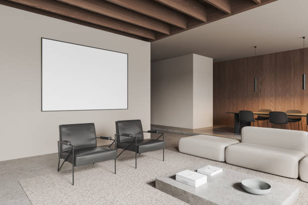 istock Modern home living room interior with rest and dining zone, mockup frame 2168510981