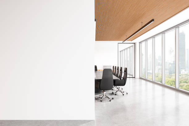 istock Office conference interior with table and chairs, panoramic window. Mockup wall 2168511487