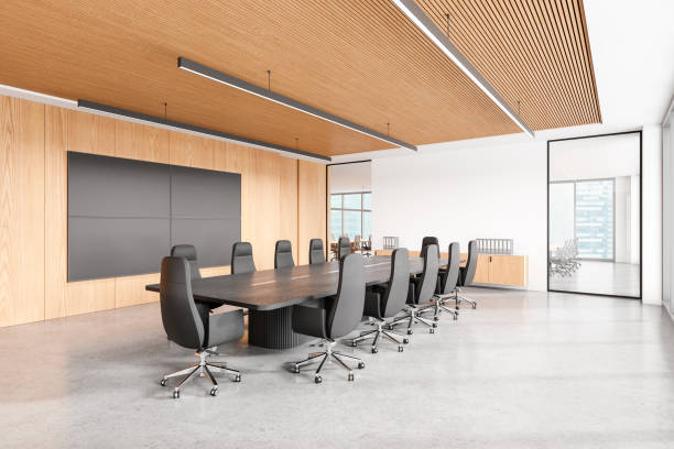istock Light conference interior with table and chairs, tv display and panoramic window 2168511543