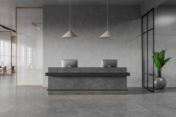 istock Modern office interior with reception desk and coworking space, panoramic window 2168511609