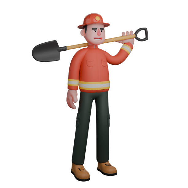 istock Professional 3D Male Firefighter. A firefighter stands with a shovel on his left shoulder. Rescue Character 2168513131