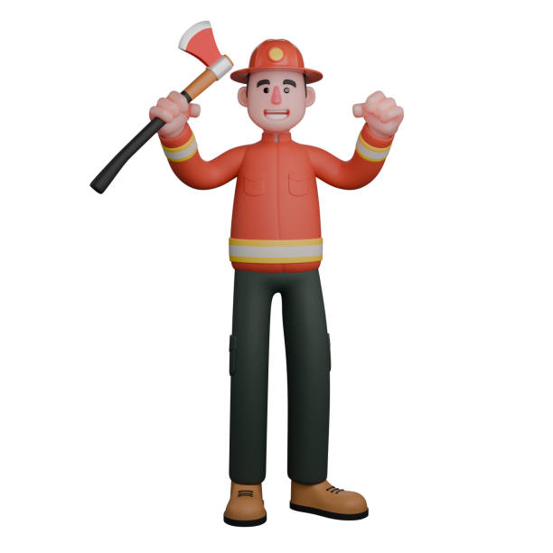 istock 3D Model of Professional Male Firefighter. A firefighter stands with both hands slightly raised and his right hand holds an axe. Cartoon 2168513187