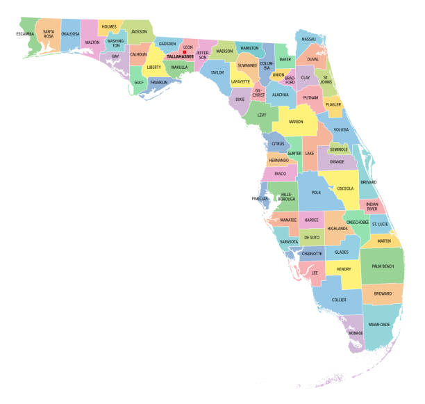 Florida, U.S. state, subdivided into 67 counties, multi colored map Florida, U.S. state, multi colored political map with borders, county names and its capital Tallahassee. Florida, a state in the Southeastern region of the United States, subdivided into 67 counties. florida map stock illustrations