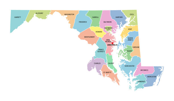 Maryland, U.S. state, 23 counties and 1 independent city, multi colored map Maryland, U.S. state, colored political map with county names and capital Annapolis. State in the New England region of Northeastern USA, subdivided into 23 counties and independent City of Baltimore. maryland state colors stock illustrations