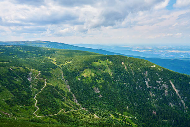 Beautiful panoramic view of green mountain valley with rolling hills and dense forests under cloudy sky. Travel tourism and hiking concept
