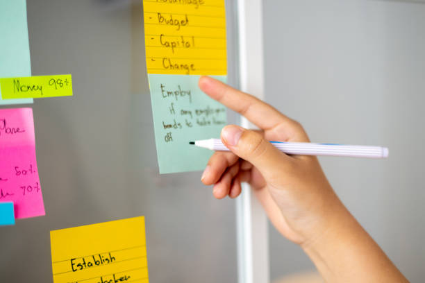 istock Close-up of a woman's hand writing a note on a post-it notes on a glass wall. 2168531608