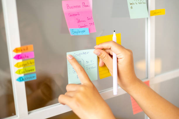 istock Close-up of a woman's hand sticking a note on a glass wall. 2168531651