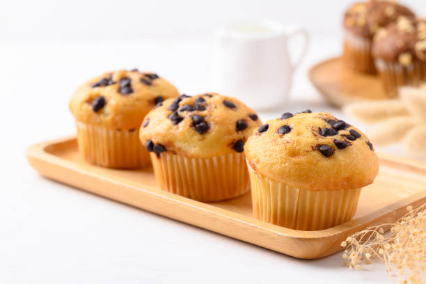 istock Vanilla chocolate chips muffin on wooden plate with white background 2168539419