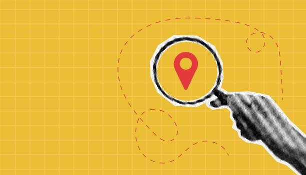 Halftone collage with hand search pin location. Hand hold magnifying glass. Map or direction to navigate or find position