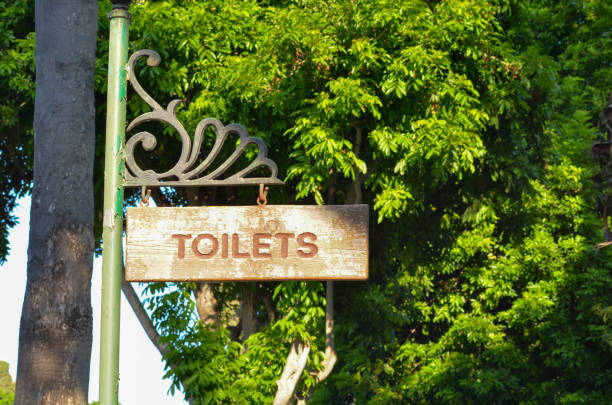 Vintage 'Toilets' sign set against a lush green park backdrop. The classic design of the sign stands out with its timeless charm, adding a touch of nostalgia to the serene park environment