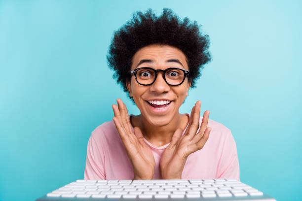 istock Closeup photo of funny reaction hands cheeks keyboard impressed unexpected lucky browsing correct search google isolated on cyan color background 2168550011