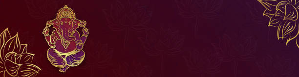 Red panoramic banner with Lord Ganesha with lotus flowers and copy space for text Panoramic banner or header with Lord Ganesha in gold outline on red background with lotus flowers and empty place for greeting text - Happy Diwali (Deepavali, Dipavali) ganesha outline drawing stock illustrations