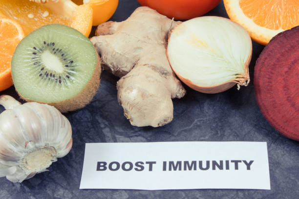istock Inscription boost immunity with fruits and vegetables. Source vitamins, minerals and dietary fiber 2168557532