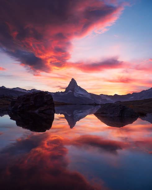 istock Epic sunset at the Stellisee with view to Matterhorn 2168560000