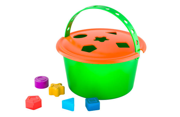 Brightly Coloured Shape Block Sorter Bucket for Toddler. 3D rendering isolated on white background