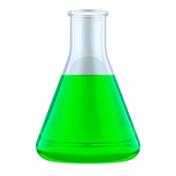Close up of three glass beaker with green liquid standing on a laboratory countertop and backlit.