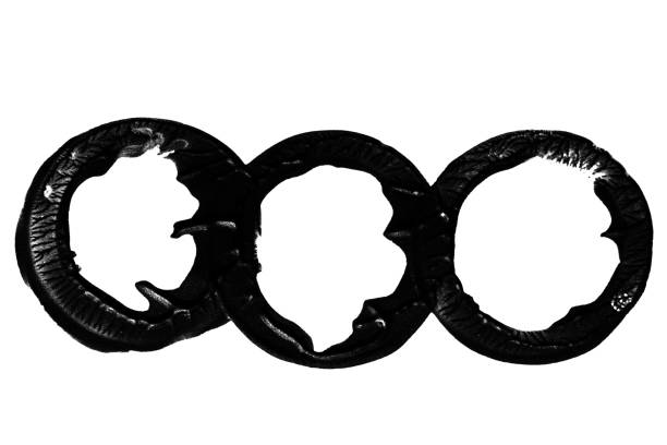 set of round prints of black paint . on an empty background.