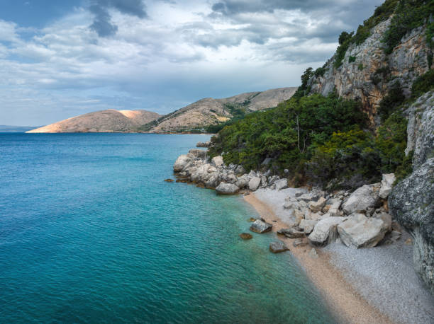 Remote beach on Krk island (Croatia). Stara Baska, aerial view.
