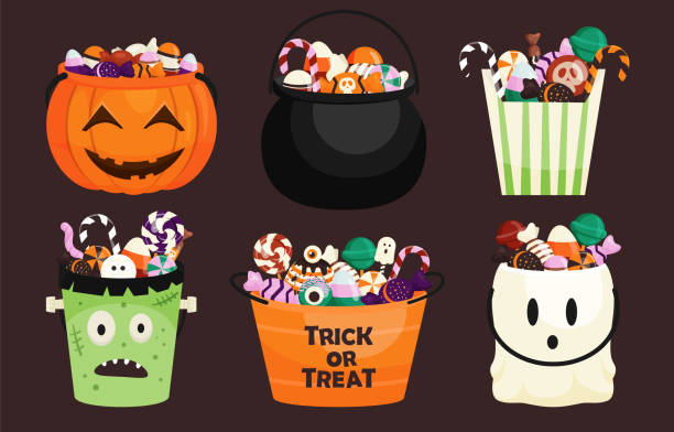 Halloween buckets of sweets, candies and desserts Halloween buckets of various shapes full of sweets, candies and desserts. Sweets for children in pumpkin bag, bowler hat. Vector illustration in flat style eye candy stock illustrations