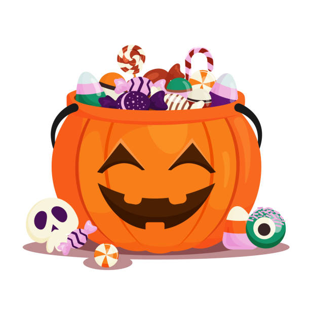 halloween dýňový kbelík plný sladkostí - halloweenské koledování stock ilustrace